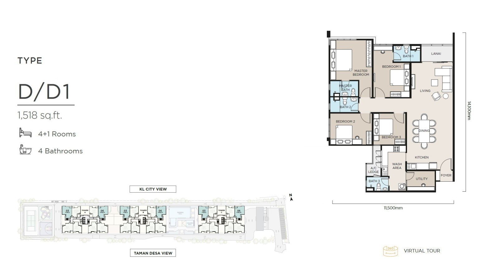 The Atas Taman Desa Type D / D1 floor plan, 1,518 sq ft, 4+1 rooms with two master suites