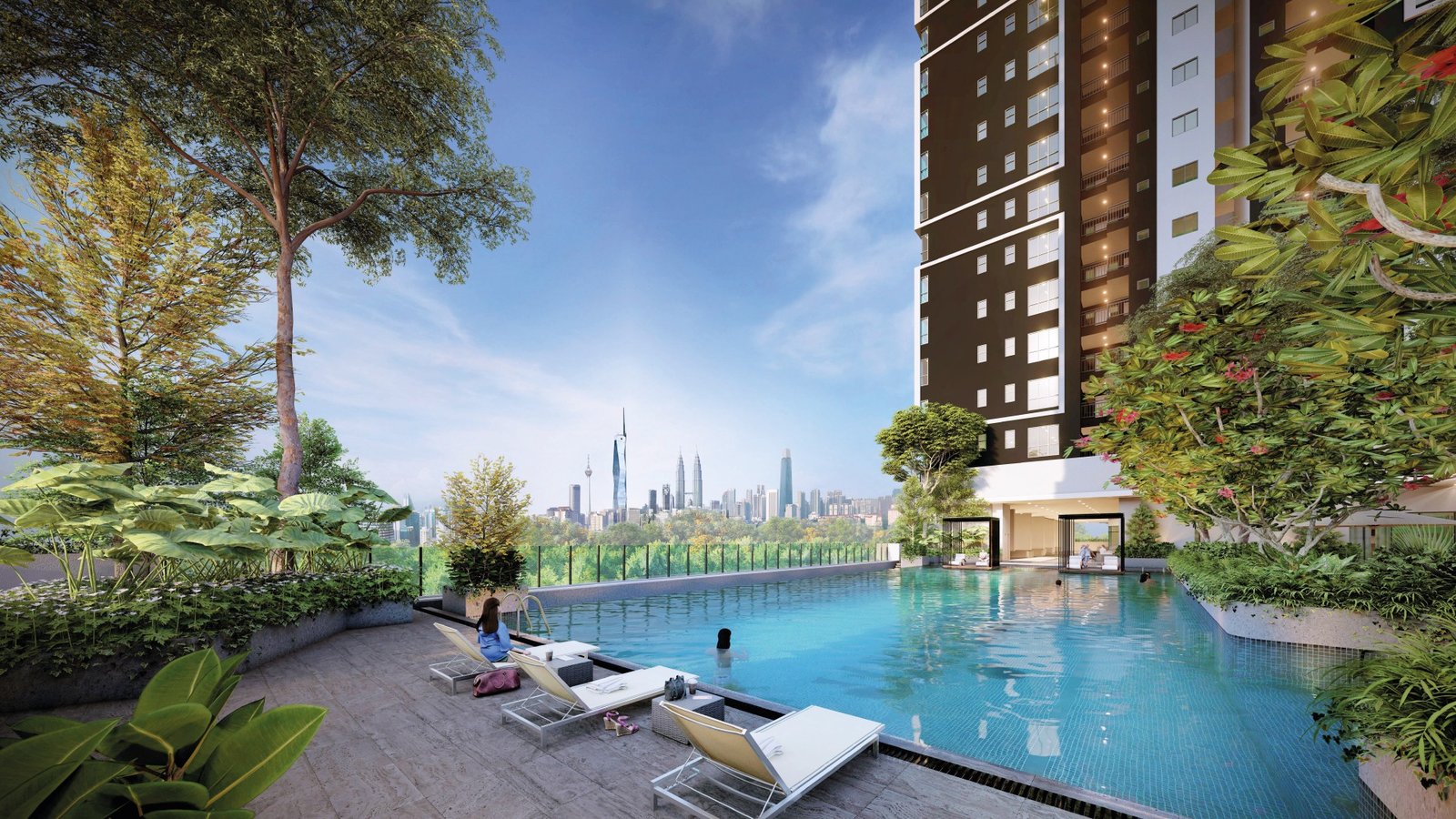 The Atas Taman Desa pool deck overlooking the Kuala Lumpur skyline
