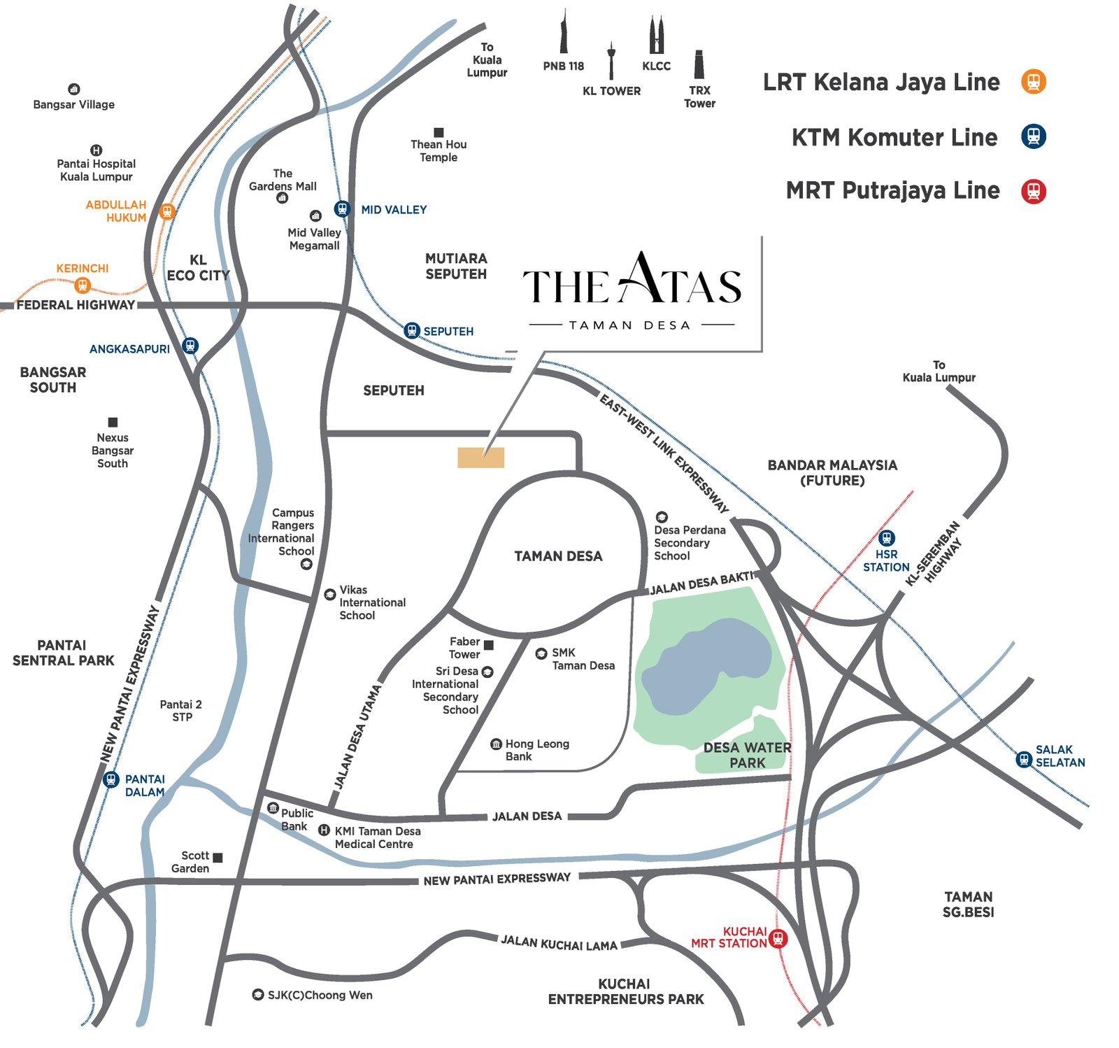 The Atas Taman Desa location map showing KTM Seputeh, LRT Kerinchi, Mid Valley Megamall, KL Eco City, the Federal Highway, NPE and surrounding Kuala Lumpur landmarks