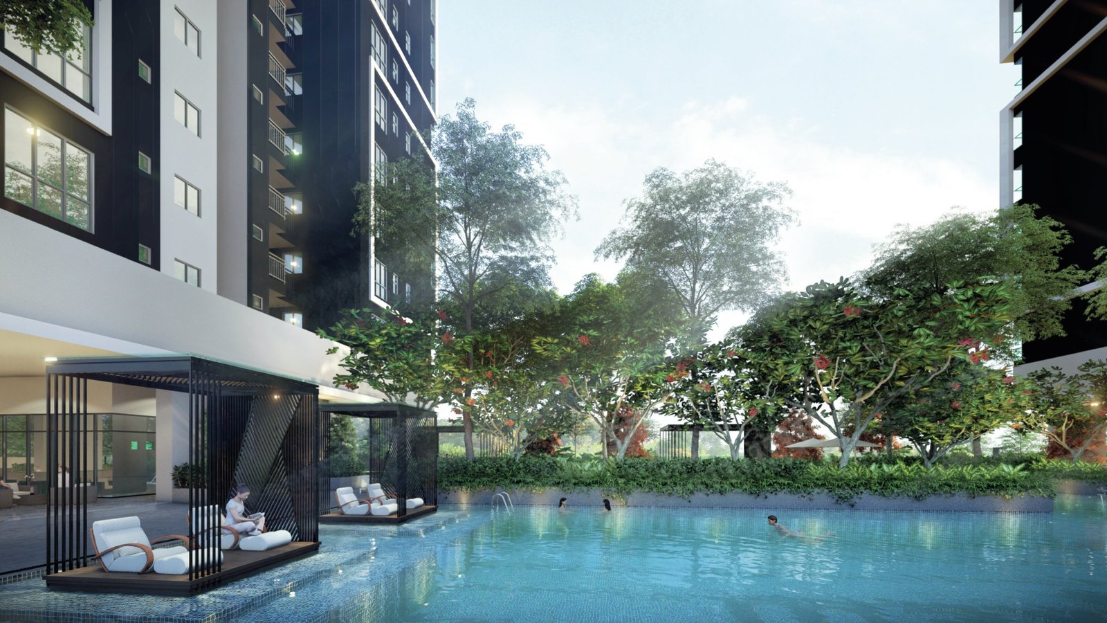 The Atas Taman Desa swimming pool with poolside cabanas