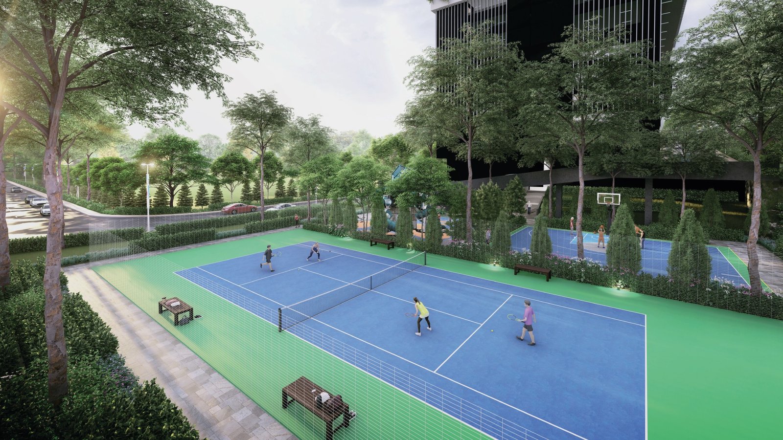 The Atas Taman Desa outdoor tennis and half basketball courts