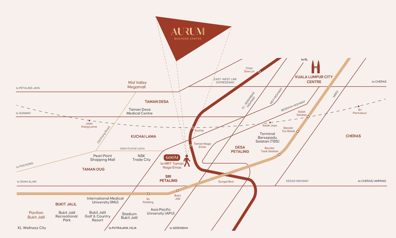 Aurum Suites Sri Petaling location map showing MRT Taman Naga Emas, Mid Valley Megamall, IMU, APU, KL Wellness City and the KL-Seremban and KESAS highways