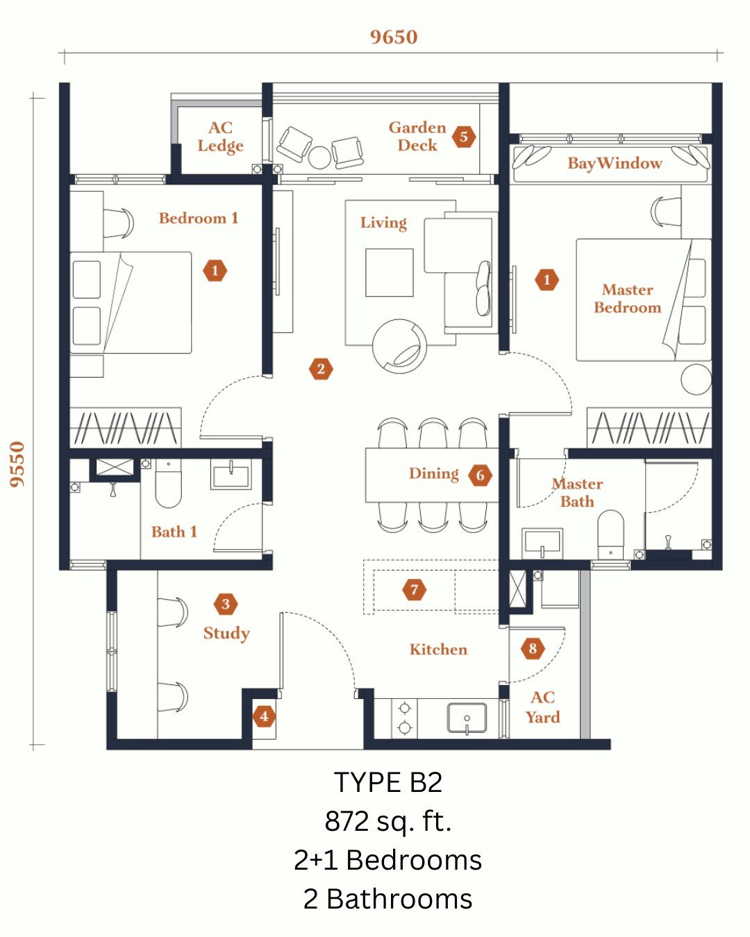 Avantro Residences Type B2 floor plan 872 sq ft, 2+1 bedrooms