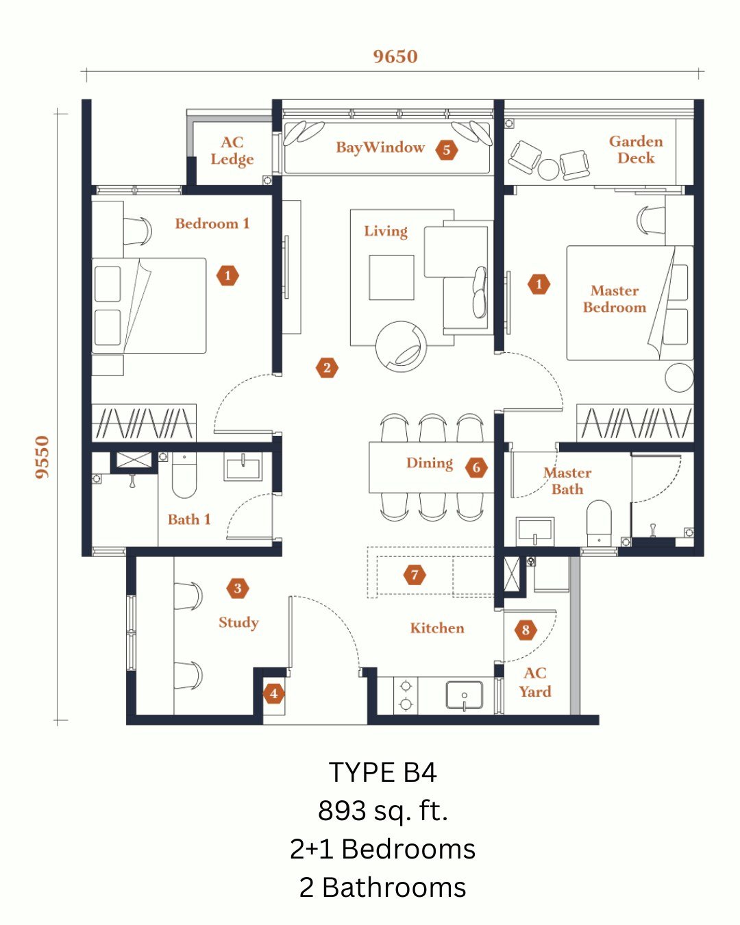 Avantro Residences Type B4 floor plan 893 sq ft, 2+1 bedrooms