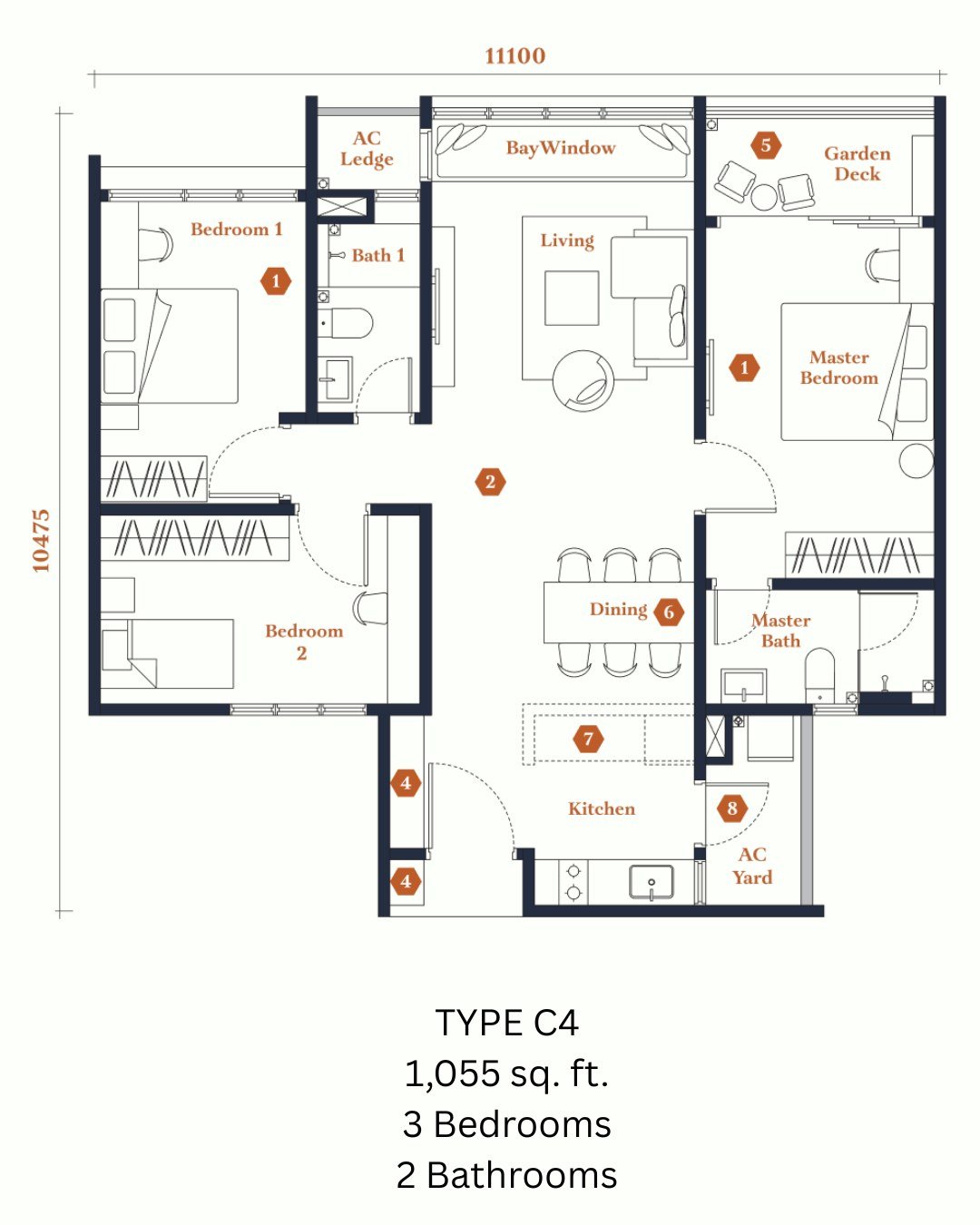 Avantro Residences Type C4 floor plan 1,055 sq ft, 3 bedrooms