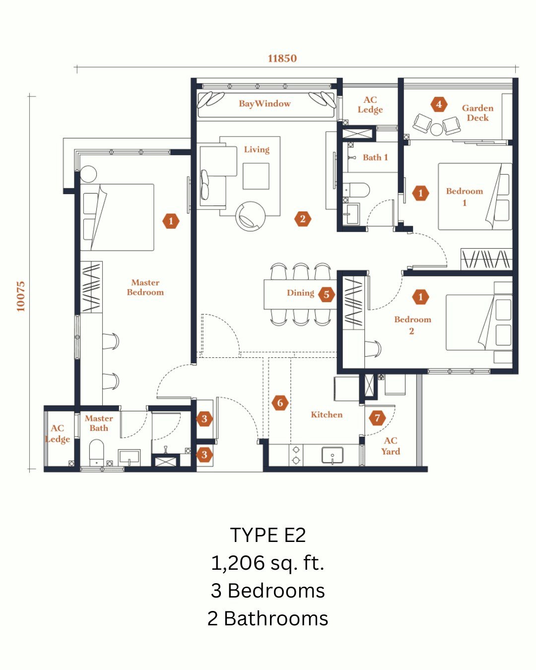 Avantro Residences Type E2 floor plan 1,206 sq ft, 3 bedrooms with flexible master studio