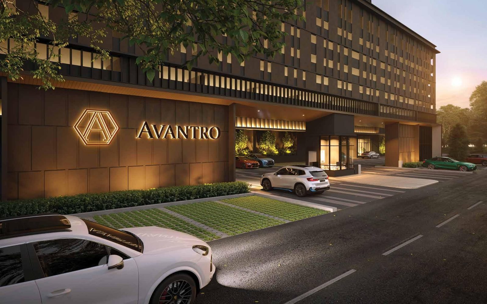 Avantro Residences Bandar Kinrara grand entrance at night