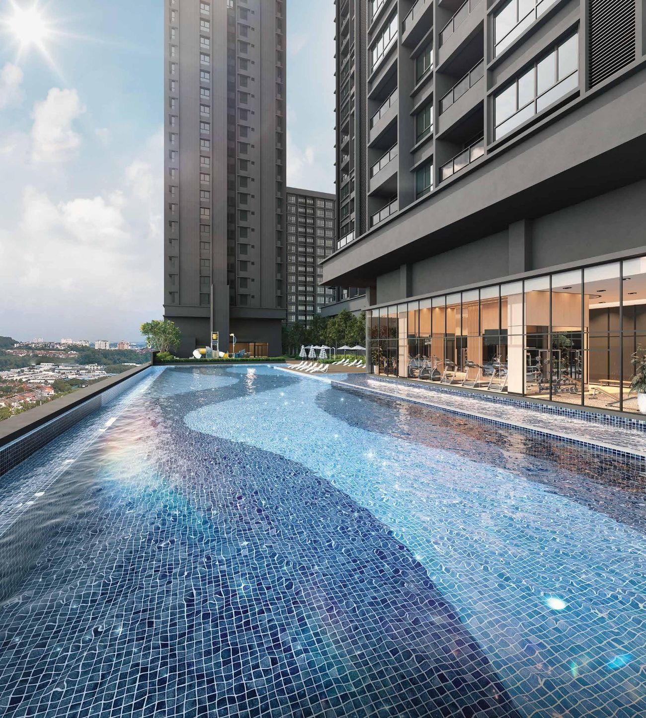 Avantro Residences Bandar Kinrara infinity pool and gym at dusk