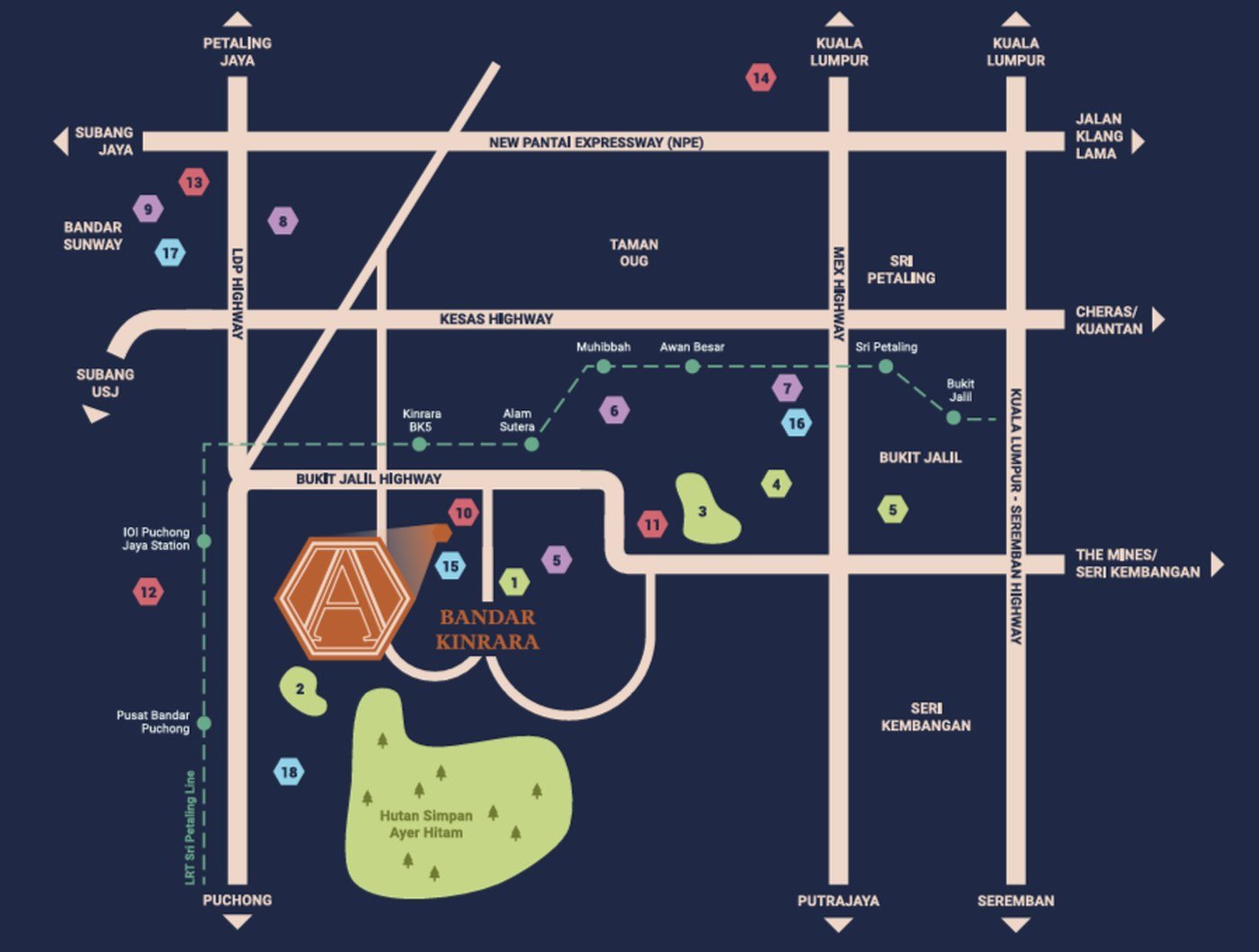 Avantro Residences Bandar Kinrara location map showing Kinrara BK5 LRT, Giant Kinrara, Pavilion Bukit Jalil, IOI Mall Puchong, Tzu Chi International School, KPJ Kinrara and the Bukit Jalil, KESAS, MEX, LDP, NPE and KL-Seremban highways