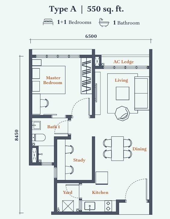 Avantro Rumah Selangorku Type A floor plan — 550 sq ft, 1+1 bedrooms, 1 bathroom, with master bedroom, flexible study, living, dining, kitchen and yard