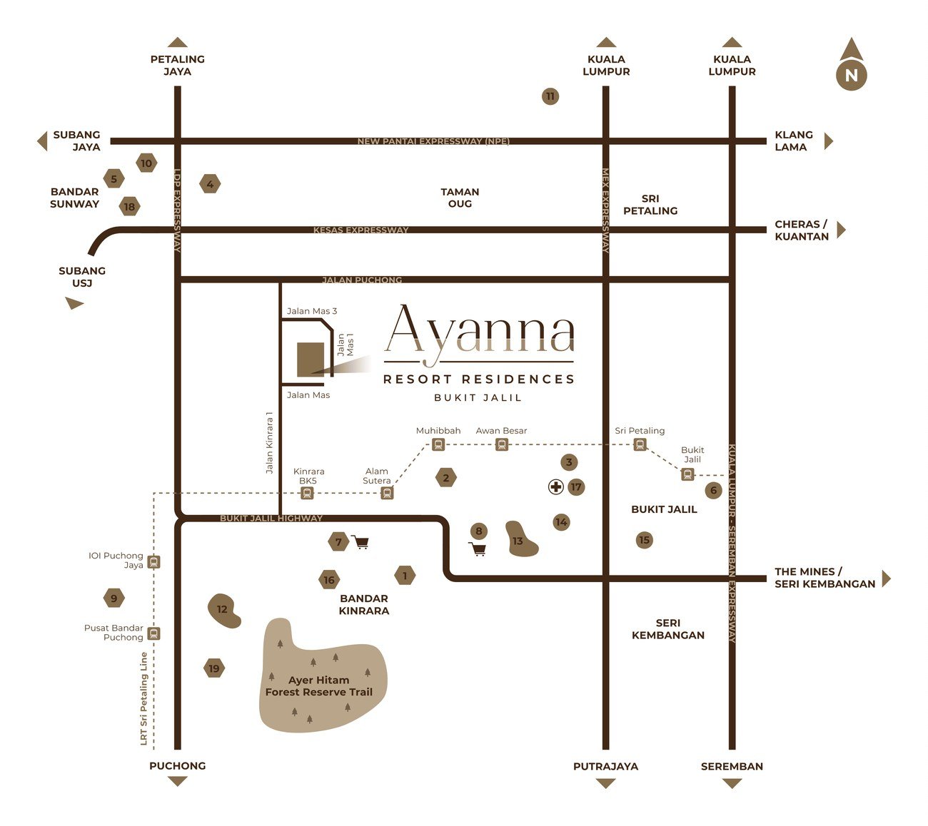 Ayanna Resort Residences Bukit Jalil location map showing LDP, KESAS, MEX and Bukit Jalil Highway, and nearby LRT stations