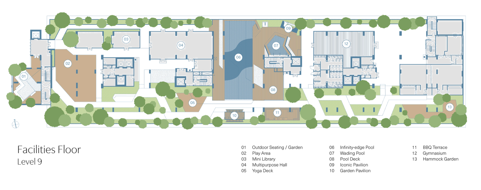 Danau Puchong Level 9 facilities floor plan showing the infinity-edge pool, wading pool, gymnasium, multipurpose hall, yoga deck, pavilions, BBQ terrace and hammock garden