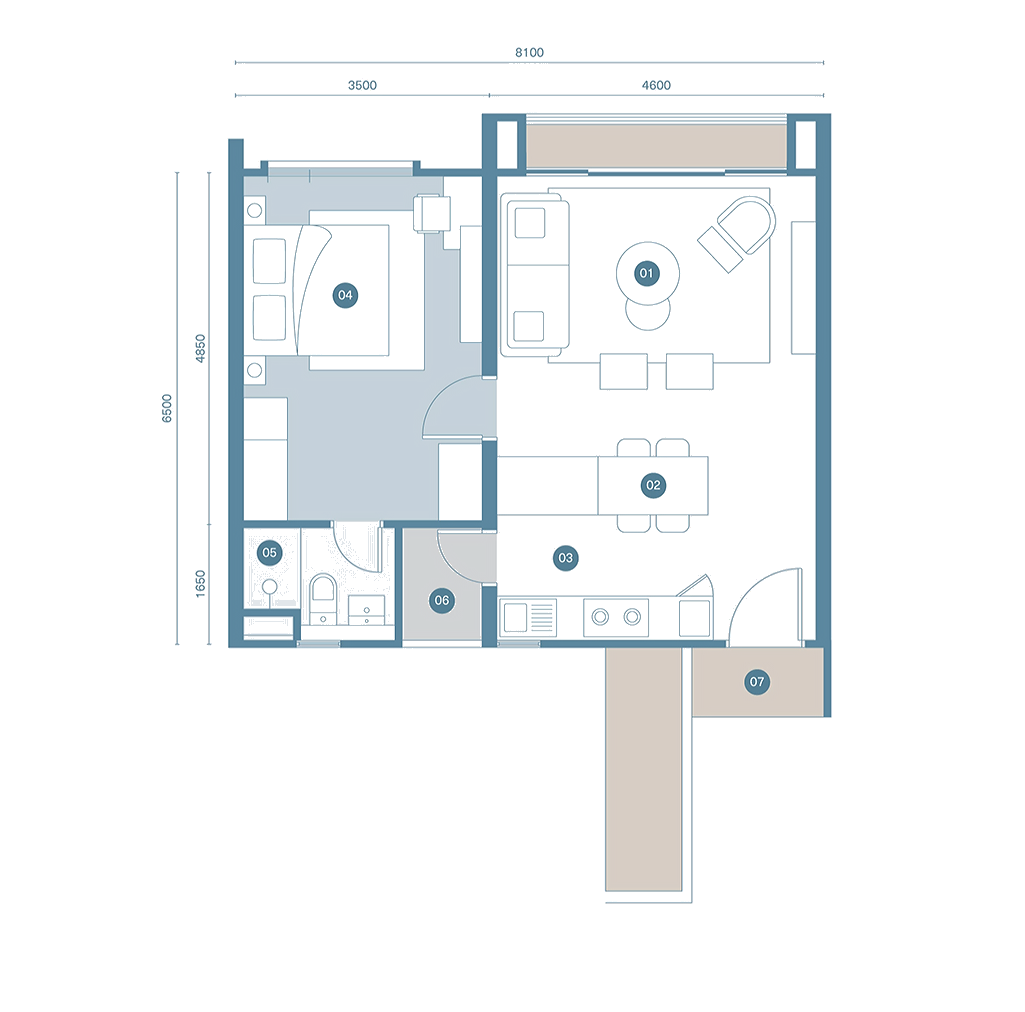 Danau Puchong Type A floor plan — 566 sq ft, 1 bedroom, 1 bathroom serviced apartment layout with living, dining, kitchen, yard and foyer