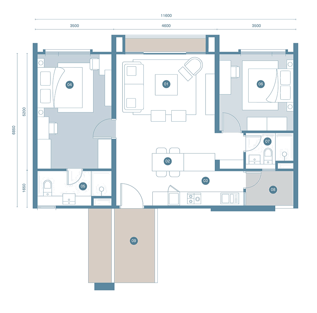 Danau Puchong Type B floor plan — 855 sq ft, 2 bedrooms, 2 bathrooms serviced apartment layout with master suite, living, dining, kitchen, yard and foyer