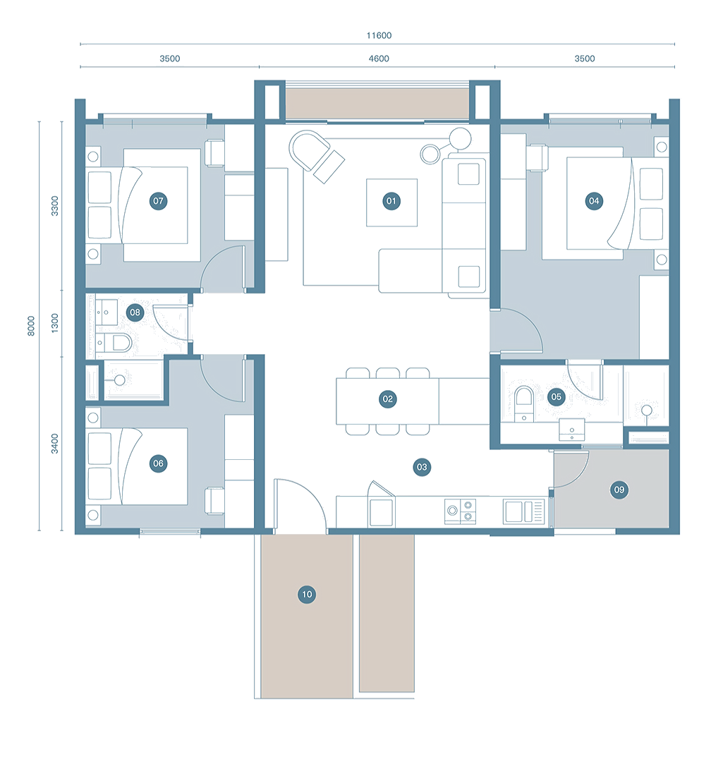 Danau Puchong Type C floor plan — 999 sq ft, 3 bedrooms, 2 bathrooms serviced apartment layout with master suite, two bedrooms, living, dining, kitchen, yard and foyer