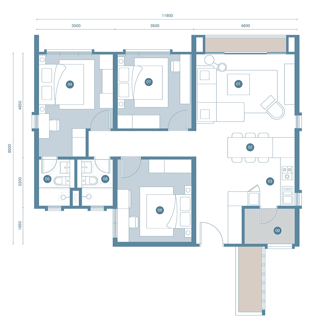 Danau Puchong Type D floor plan — 999 sq ft, 3 bedrooms, 2 bathrooms serviced apartment layout with master suite, two bedrooms, living, dining, kitchen and yard