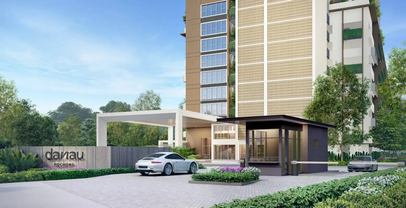 Danau Puchong grand arrival entrance with drop-off, guardhouse and Danau signage