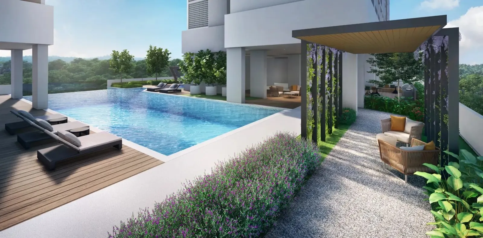 Danau Puchong infinity-edge pool and pergola lounge on the Level 9 facilities deck