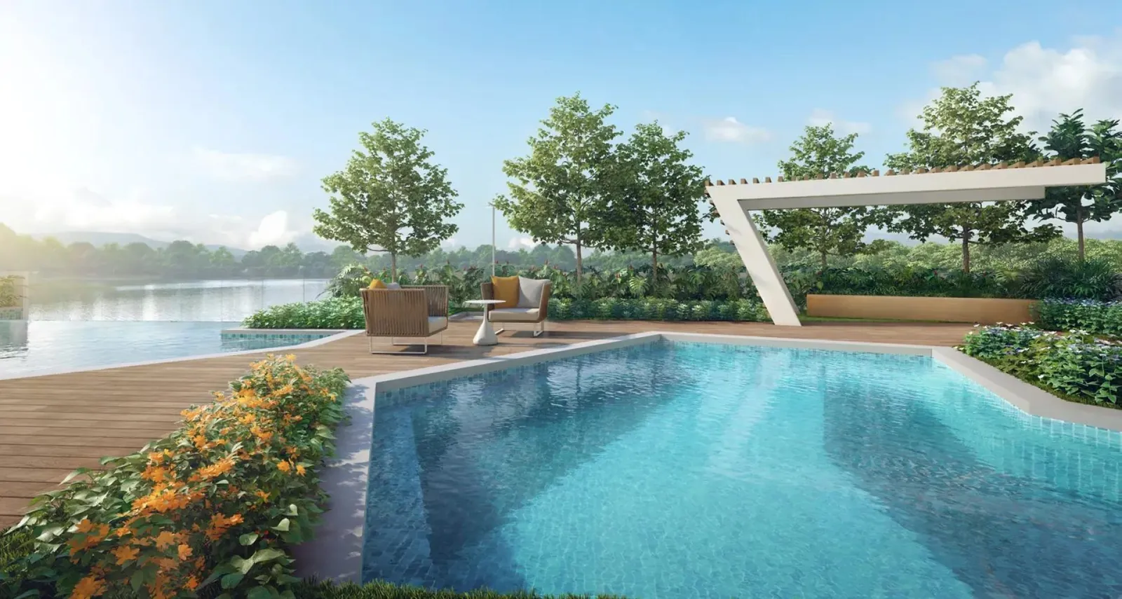 Danau Puchong lakeside pool deck with pergola and open lake views