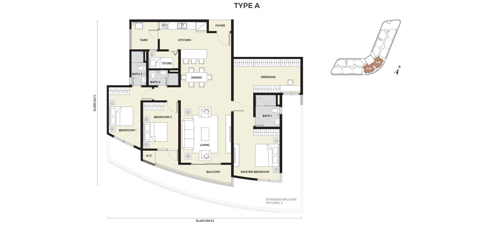 Daya Residence Phase 2 condominium Type A floor plan — 1,572 sq ft, 3 bedrooms