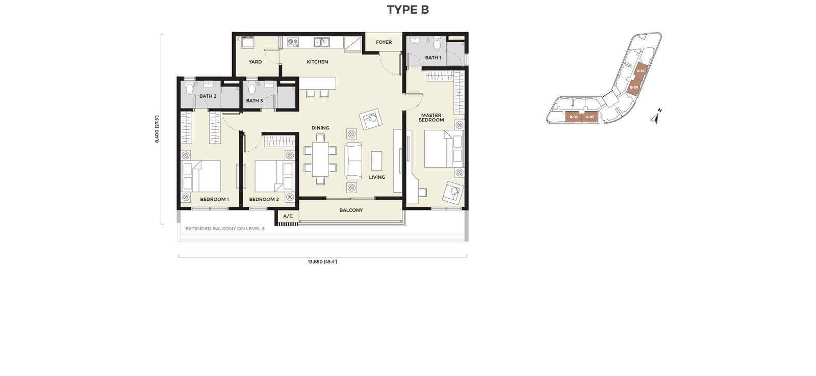Daya Residence Phase 2 condominium Type B floor plan — 3 bedrooms