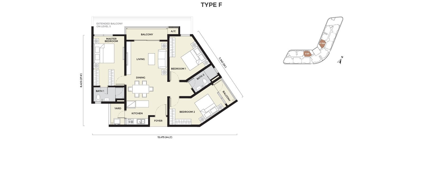 Daya Residence Phase 2 condominium Type F floor plan — 3 bedrooms