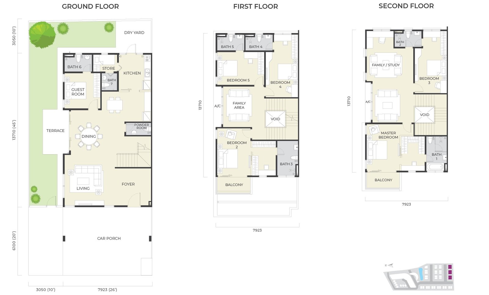 Daya Residence Phase 1 Semi-D Type B floor plan — three storeys, family layout