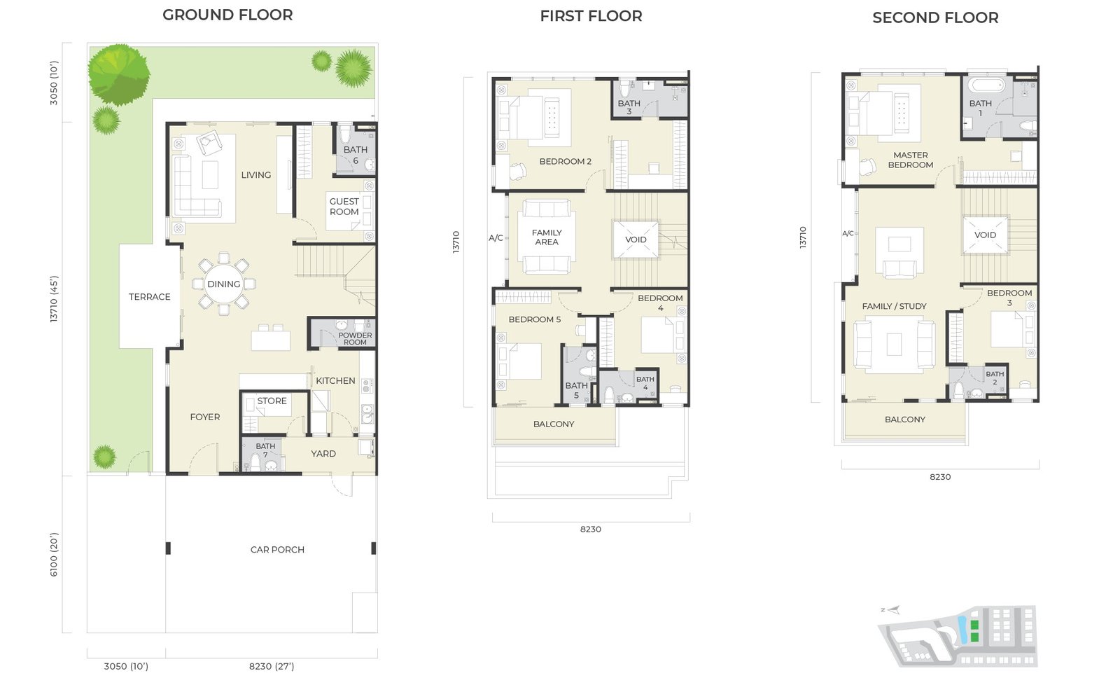Daya Residence Phase 1 Semi-D Type C floor plan — three storeys