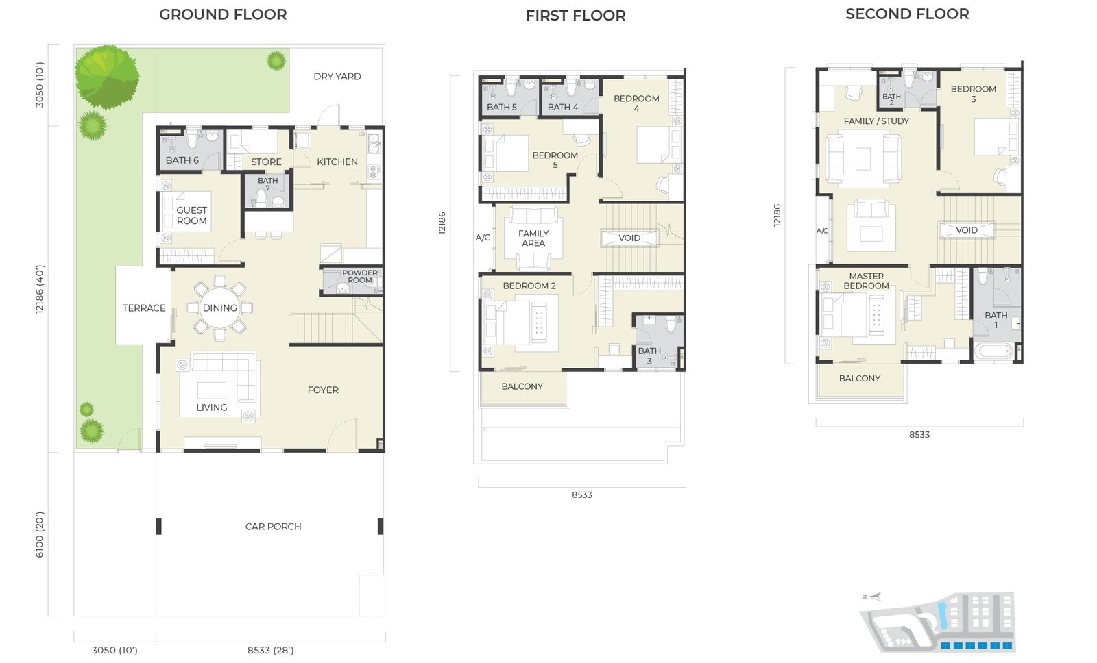 Daya Residence Phase 1 Semi-D Type D floor plan — three storeys