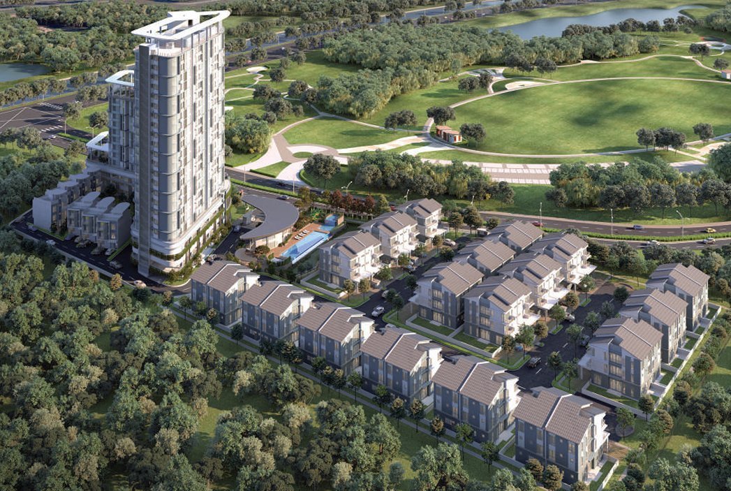 Daya Residence Kwasa Damansara aerial view of the condominium tower, landed homes and park