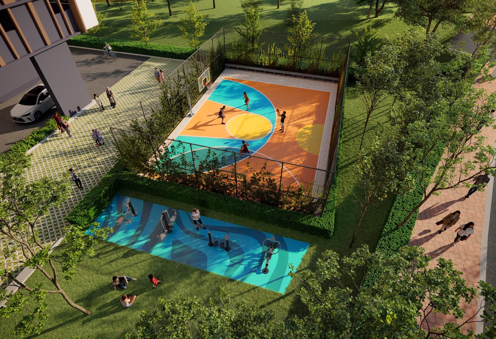 D'Evia Residences Kwasa Damansara half basketball court and outdoor gym set among gardens