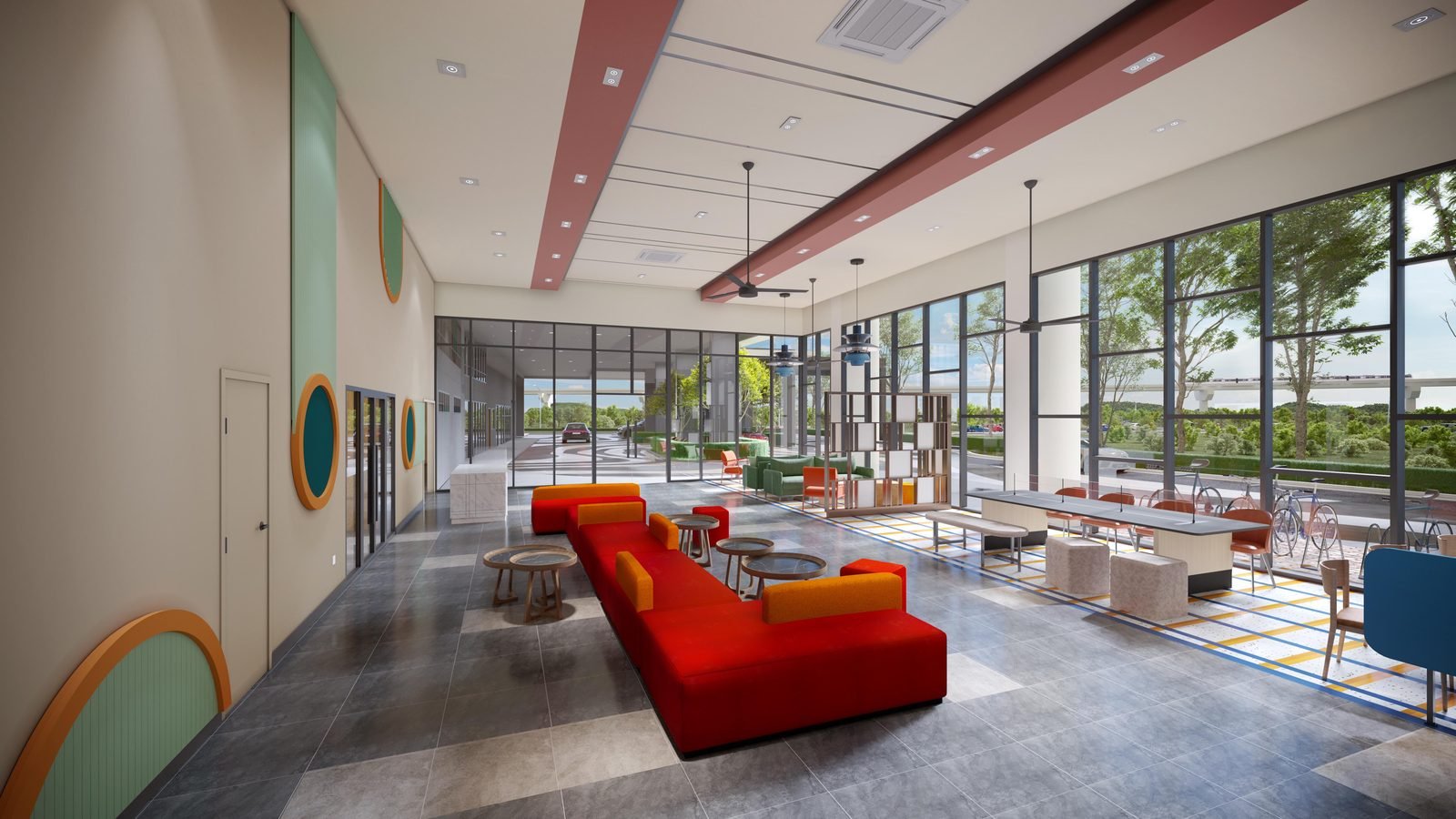 D'Evia Residences Kwasa Damansara colourful co-working and reading lounge beside the drop-off