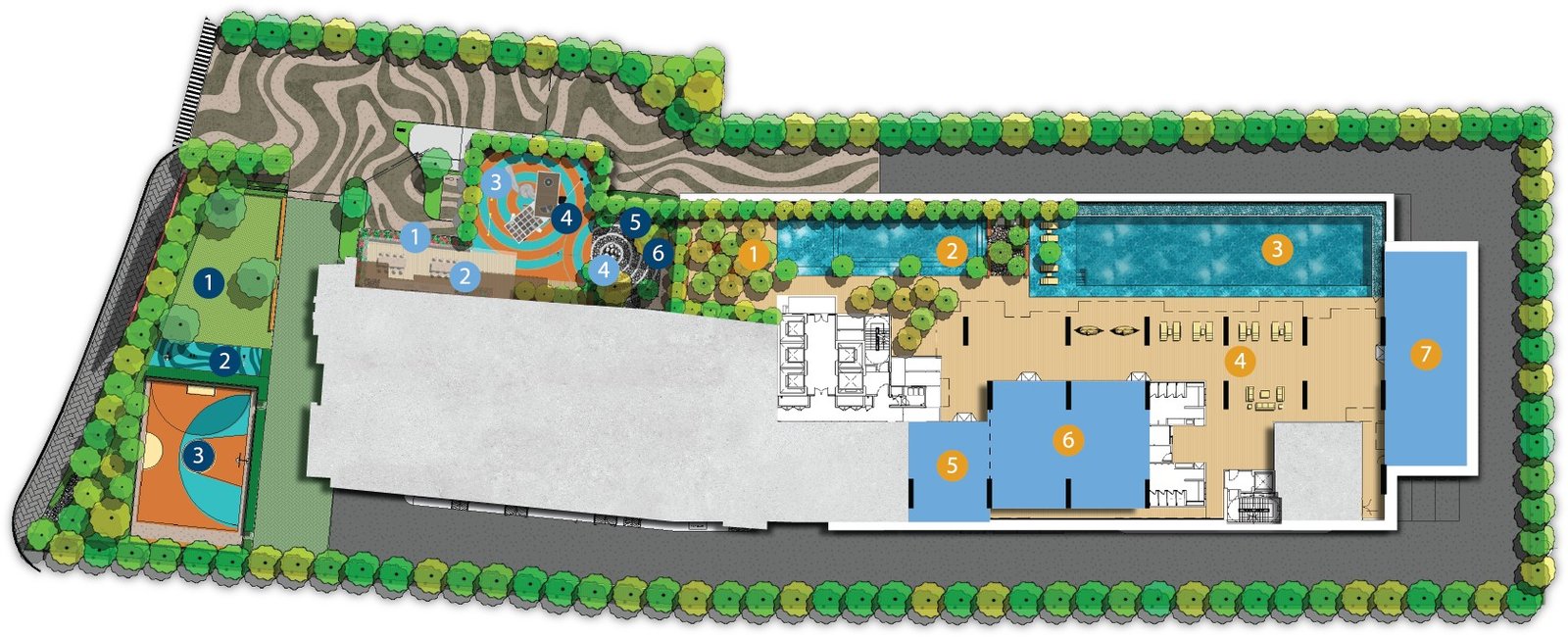 D'Evia Residences Kwasa Damansara facilities plan showing The Evia Pool, The Little Lagoon, The Sol Deck, Pulse Gym, The Flow Hall, Ripple Court, Outdoor Gym, Ripple Playground and the landscaped gardens across three levels