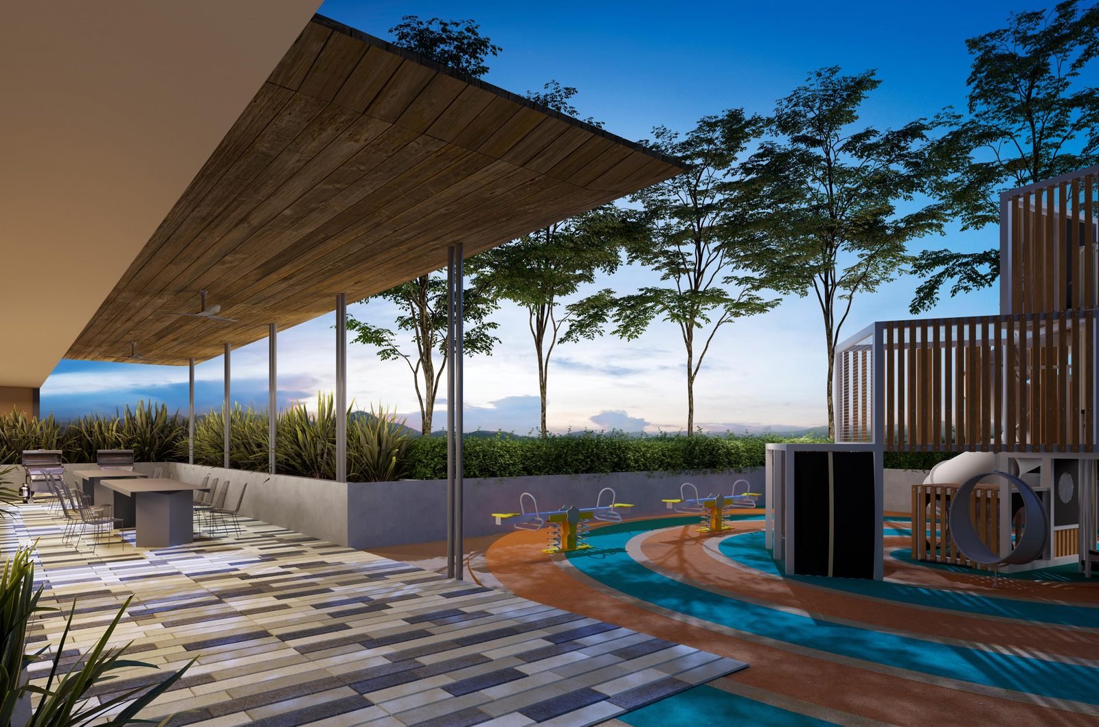 D'Evia Residences Kwasa Damansara sky terrace with BBQ pavilion and children's play area