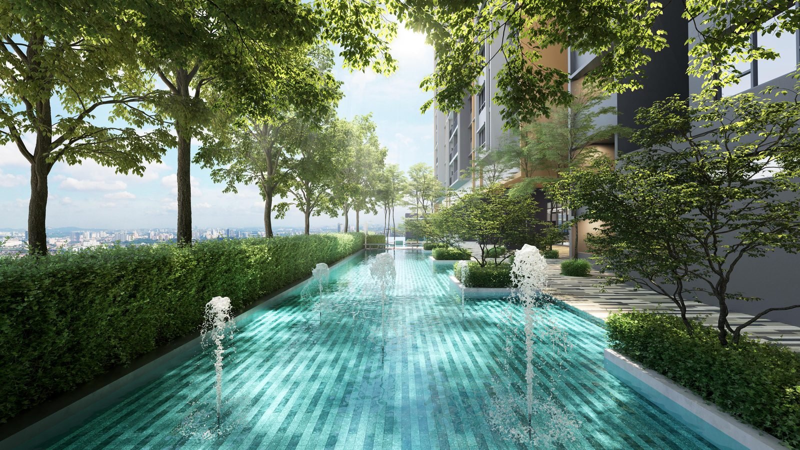 D'Evia Residences Kwasa Damansara landscaped water garden with fountains and skyline views