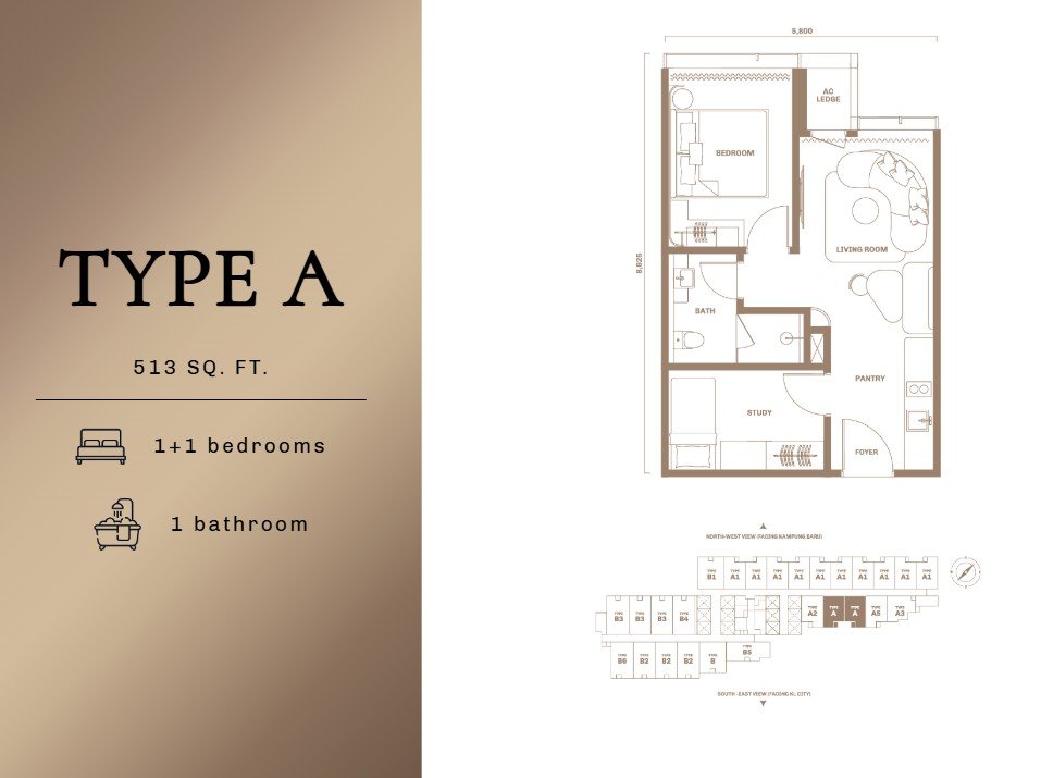 Divine KLCC Type A floor plan — 502 to 540 sq ft, 1+1 bedroom