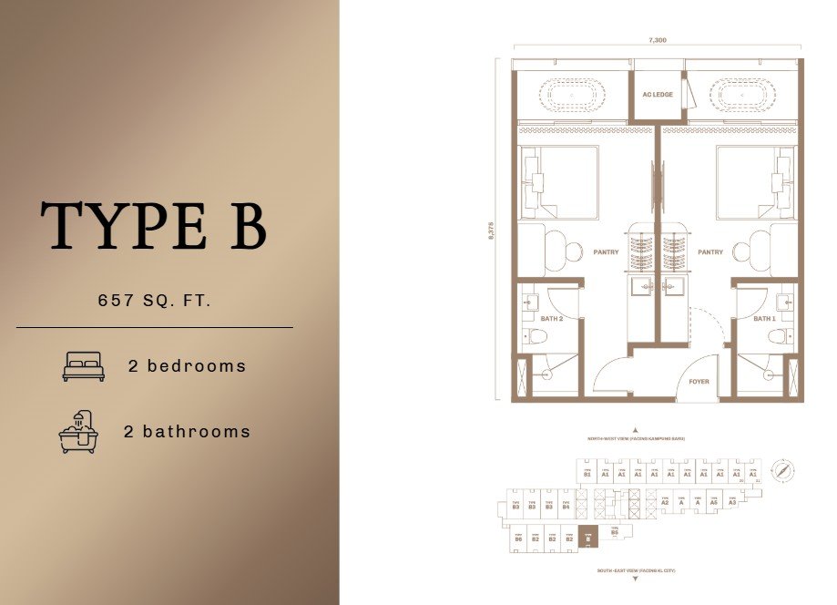 Divine KLCC Type B floor plan — 648 to 713 sq ft, 2 bedrooms
