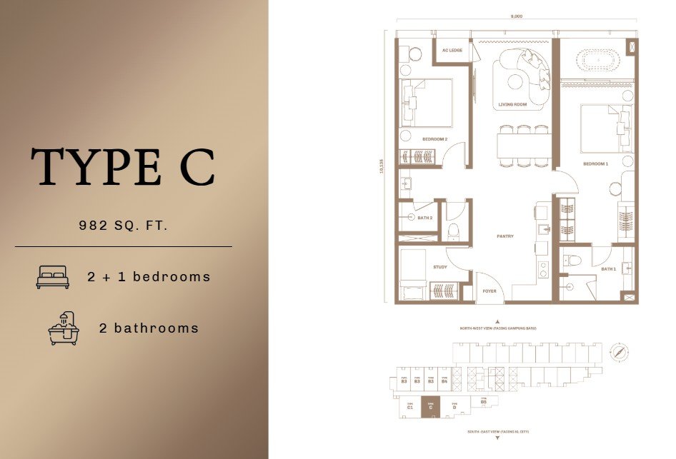 Divine KLCC Type C floor plan — 982 to 991 sq ft, 2+1 bedrooms