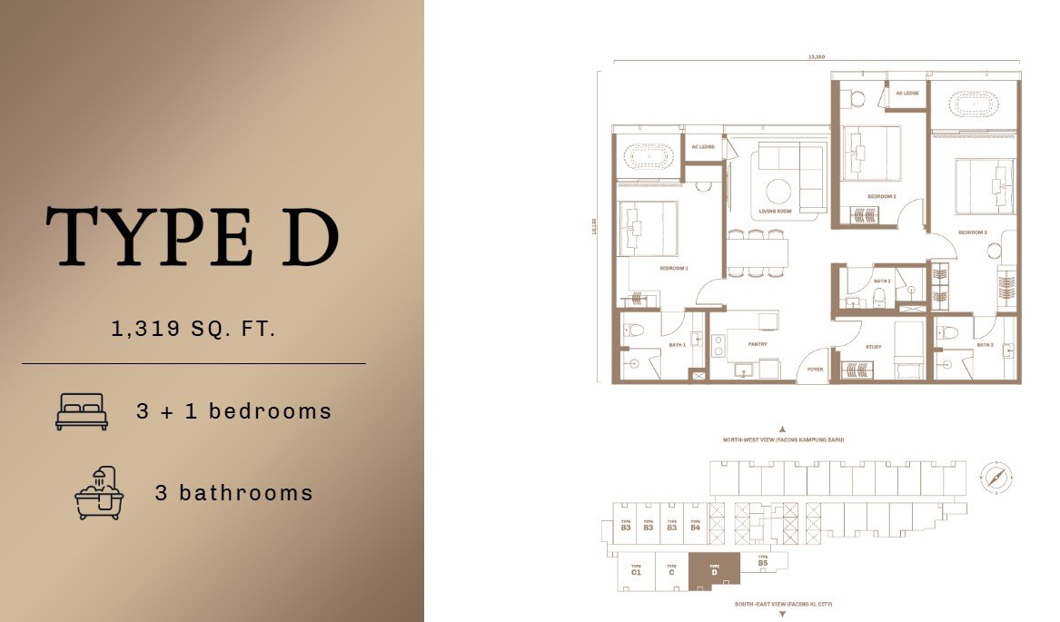 Divine KLCC Type D floor plan — 1,319 sq ft, 3+1 bedrooms