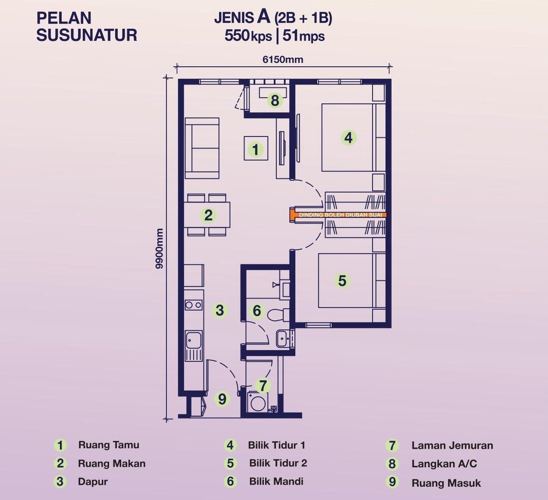 D'Nuri Residences Kwasa Damansara Type A floor plan — 550 sq ft, 2 bedrooms, 1 bathroom, with living, dining, kitchen, drying yard and a hackable wall