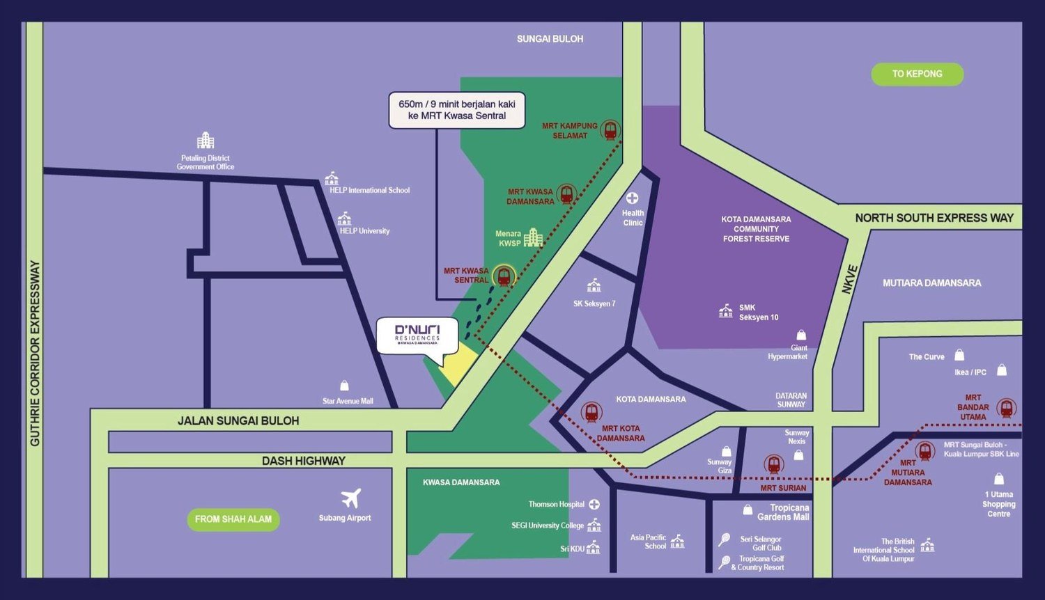 D'Nuri Residences Kwasa Damansara location map showing MRT Kwasa Sentral, MRT Kwasa Damansara, Menara KWSP and the DASH and NKVE highways