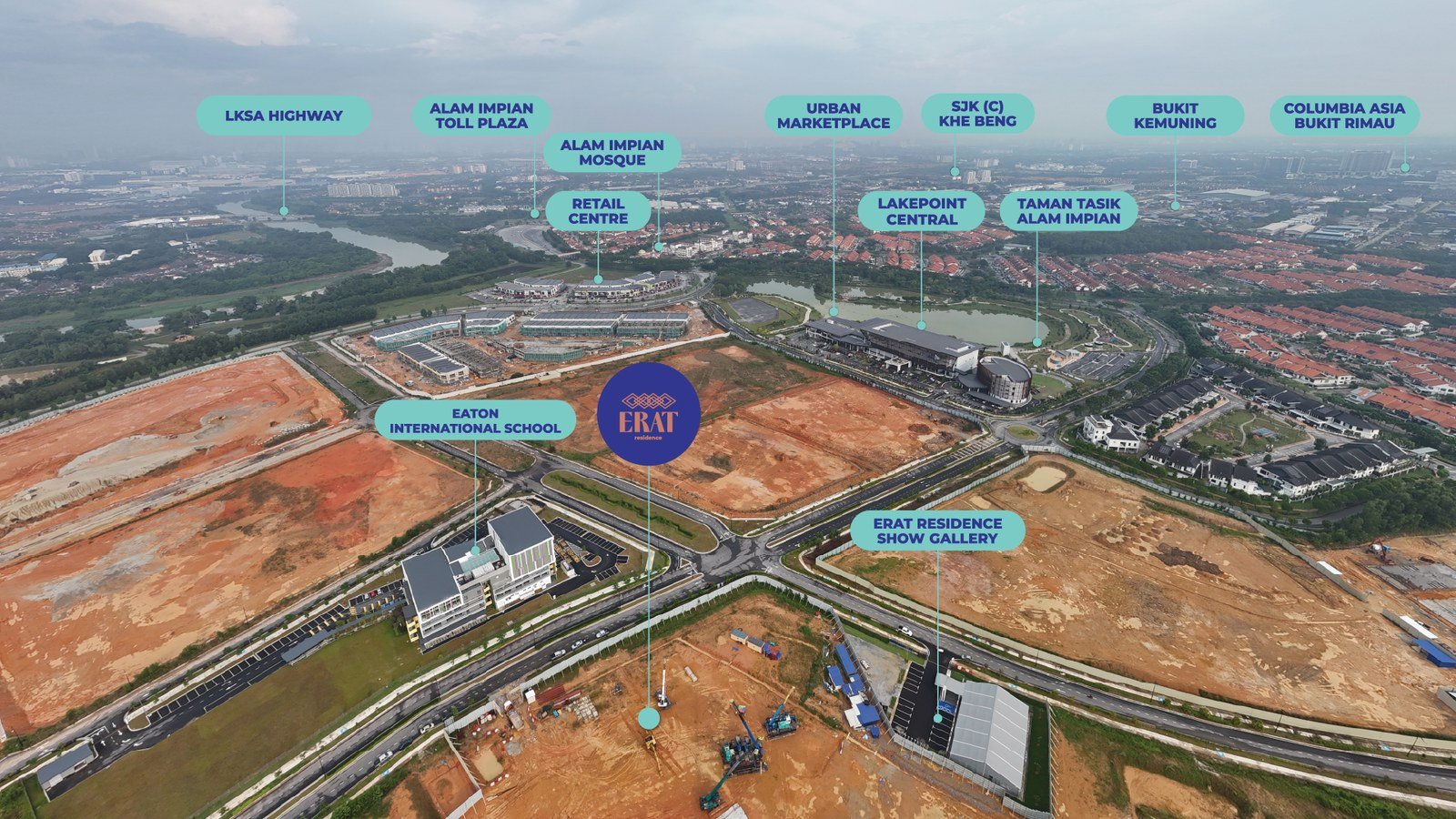 Erat Residence Alam Impian location map showing Eaton International School, LakePoint, Taman Tasik Alam Impian, the LKSA highway and Alam Impian amenities