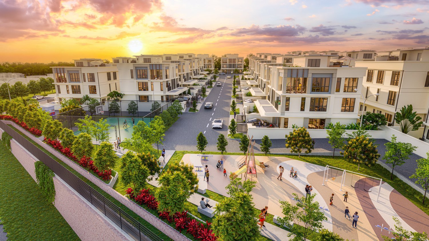 Erica Residence Bukit Puchong aerial streetscape of the semi-detached homes at sunset