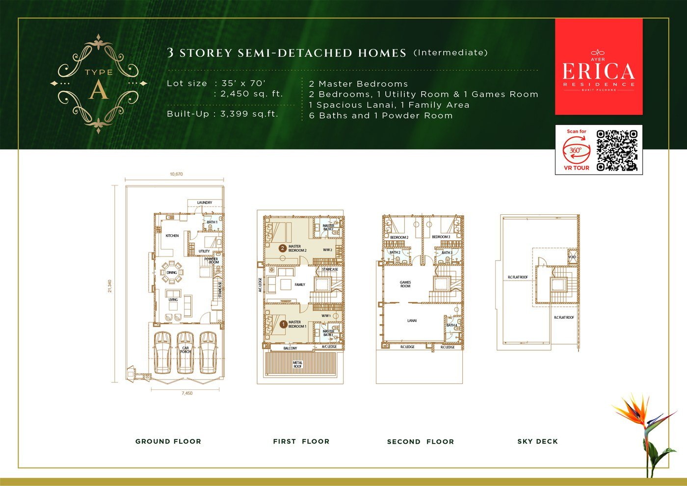 Erica Residence Bukit Puchong Type A floor plan — 3-storey semi-detached with dual master suites, lanai and rooftop sky deck