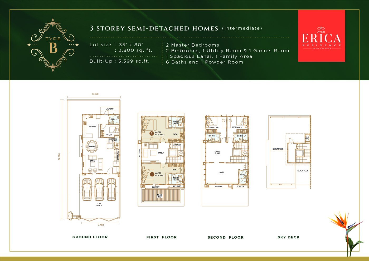 Erica Residence Bukit Puchong Type B floor plan — 3-storey semi-detached home layout