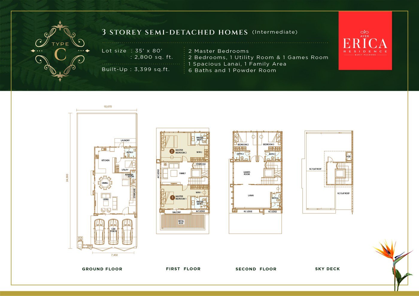 Erica Residence Bukit Puchong Type C floor plan — 3-storey semi-detached home layout