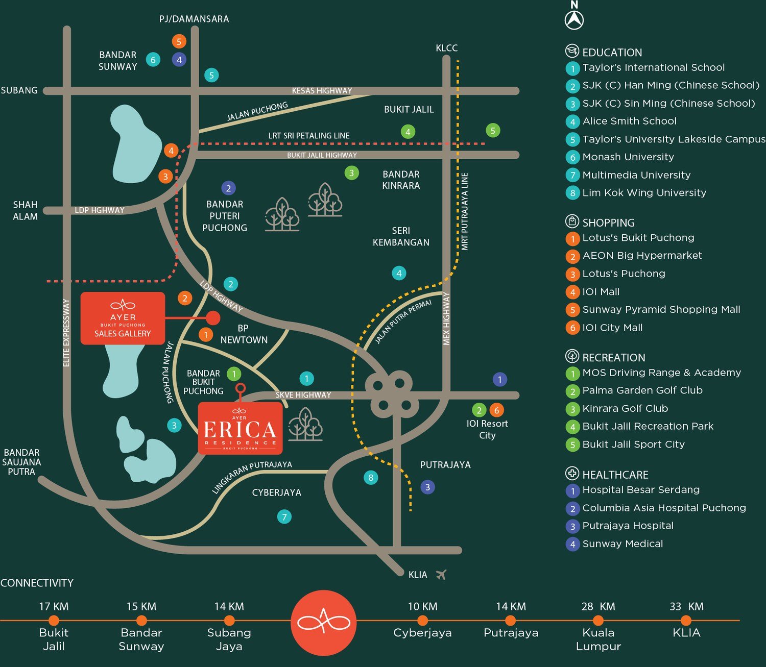Erica Residence Bukit Puchong location map showing Bandar Puteri Puchong, IOI Mall, Sunway Pyramid, IOI City Mall, LRT Sri Petaling Line and nearby schools