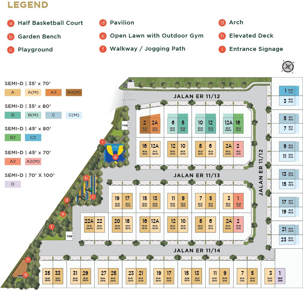 Erica Residence Bukit Puchong site plan showing the 68 semi-detached lots, landscaped park, playground, pavilion, outdoor gym and jogging path