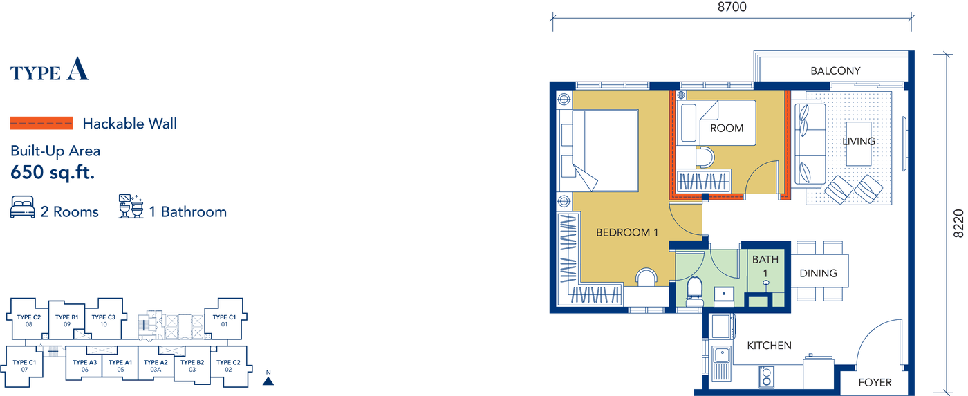 Gen Starz Type A floor plan, 650 sq ft, 2 rooms