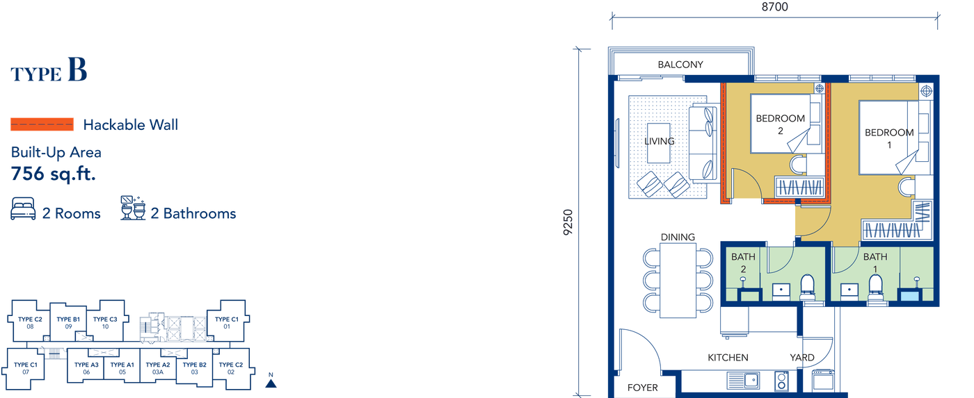 Gen Starz Type B floor plan, 756 sq ft, 2 rooms, 2 bathrooms
